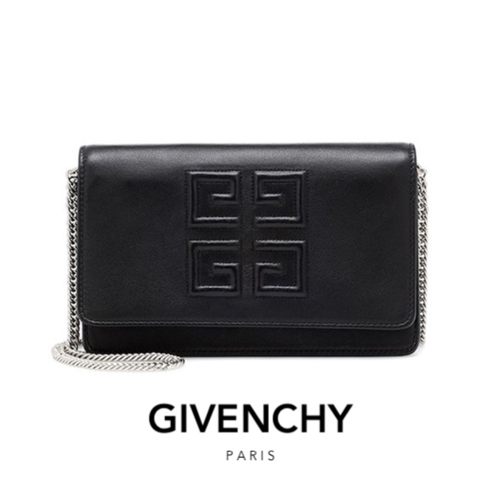 GIVENCHY Logo Embossed Leather Chain Wallet Shoulder Bag Black